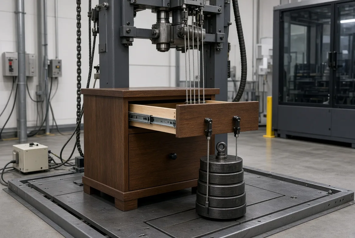Factory auditor checking drawer alignment during a nightstand QC inspection