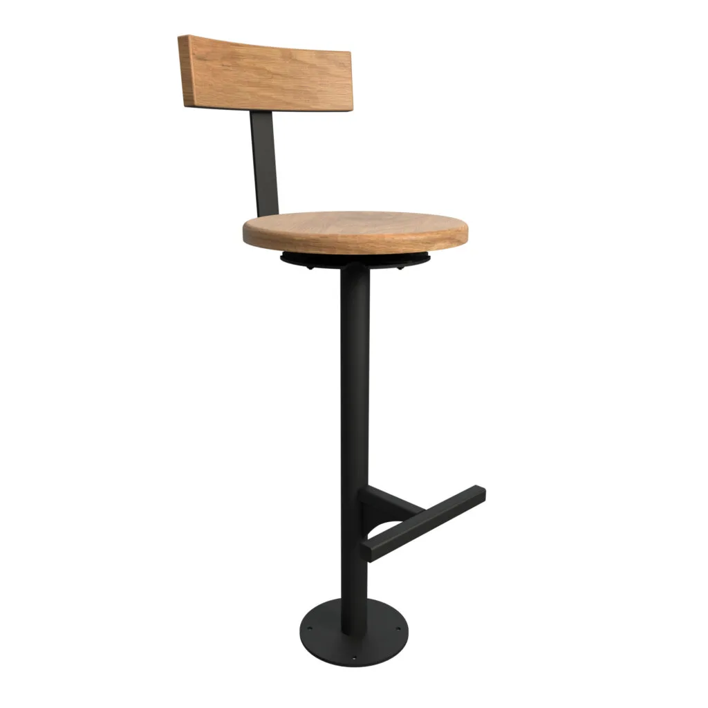 Fixed-seat commercial bar stool with no swivel plate or return spring