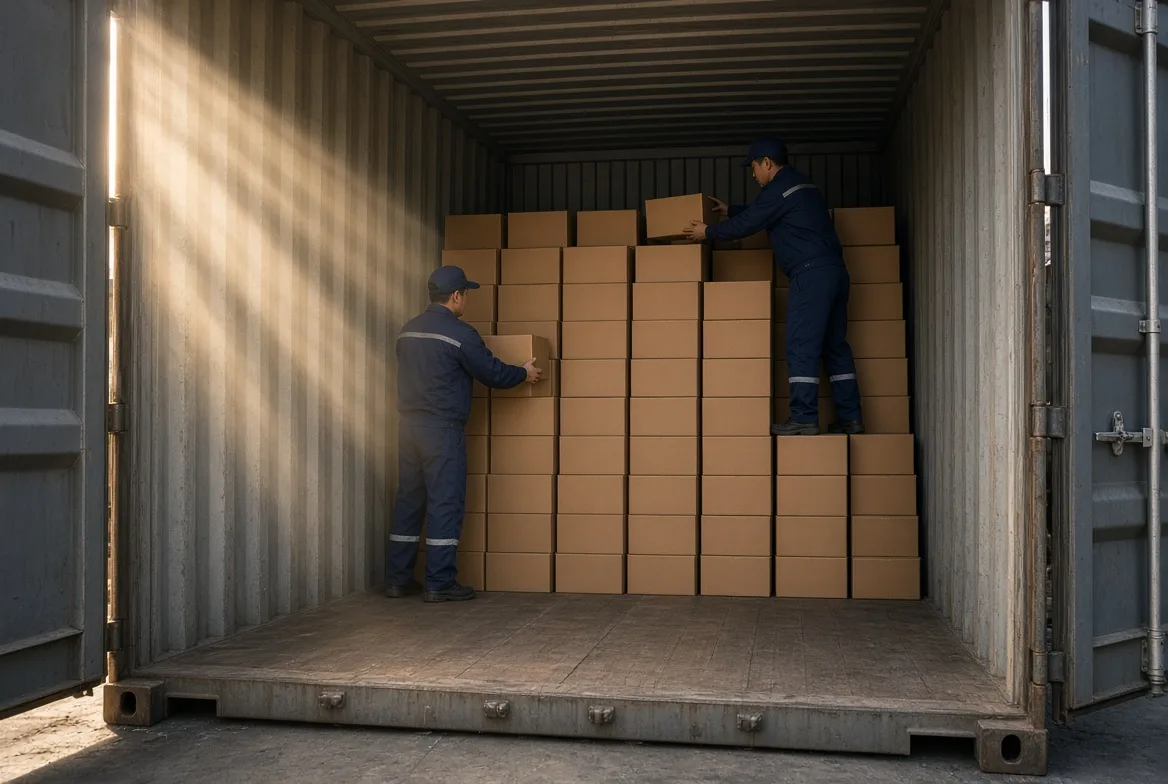 Flat-pack bedside table cartons loading into a container, showing CBM and 40HQ unit yield