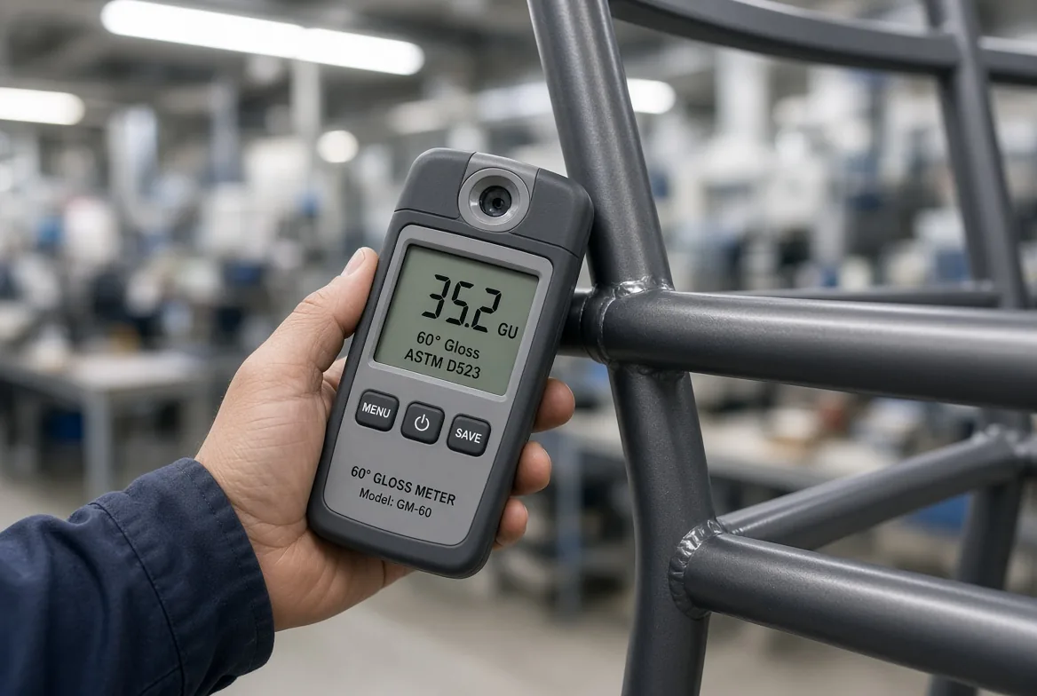 60-degree gloss meter reading on a patio chair finish