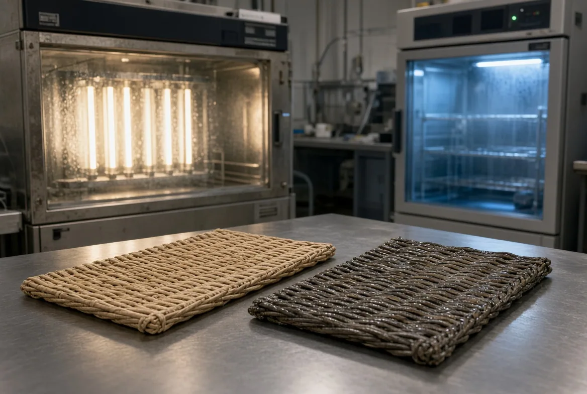 Two woven rattan mats on a steel lab bench in front of QUV accelerated weathering chambers
