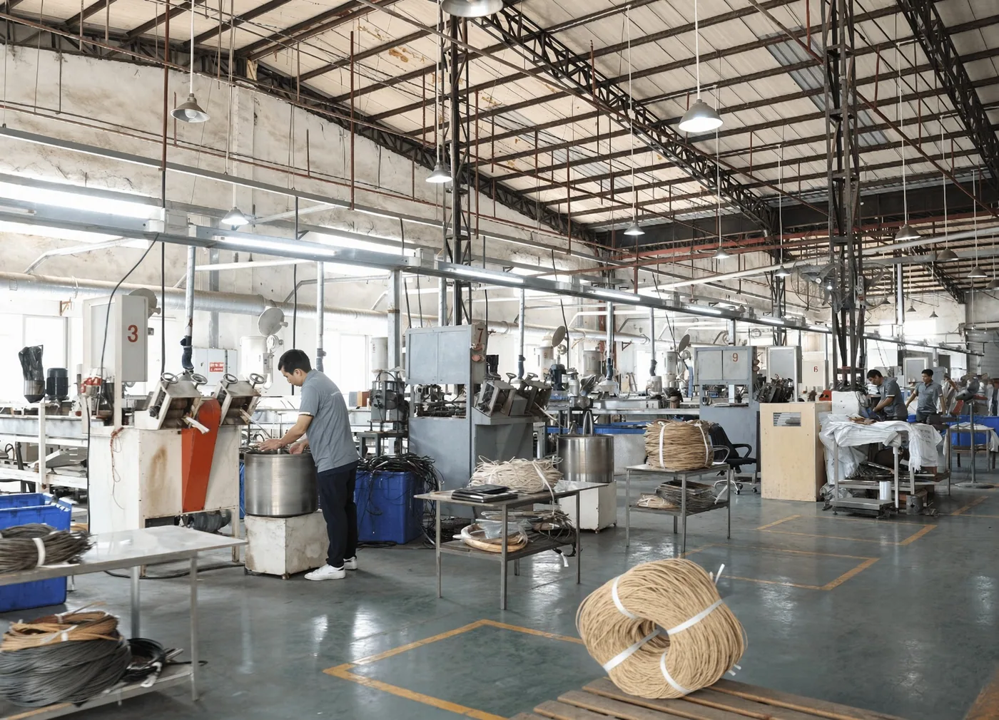 Rattan weaving factory floor with operators at weaving machines and spools of synthetic strand