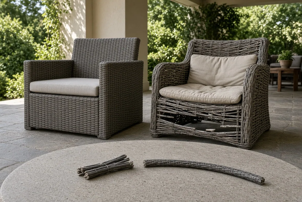 Two wicker armchairs on a patio with loose rattan strand samples laid out in front for bend testing