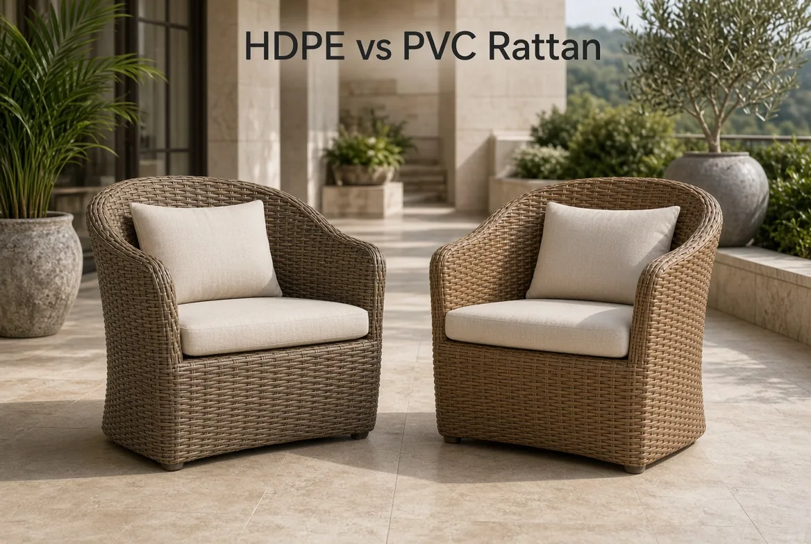 HDPE vs PVC Rattan title card over two woven outdoor lounge chairs on a stone terrace