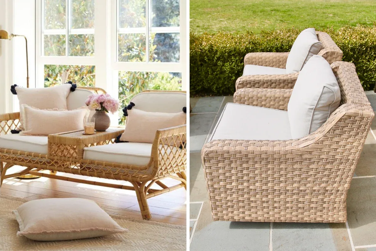 Split view of an indoor sunroom sofa beside an outdoor wicker sofa on a stone terrace