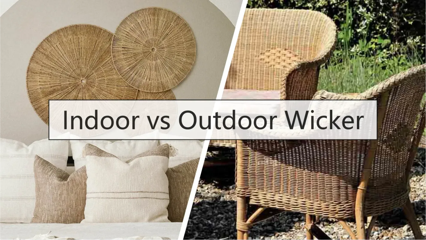 Indoor vs Outdoor Wicker title card over woven wall decor and a wicker armchair on grass