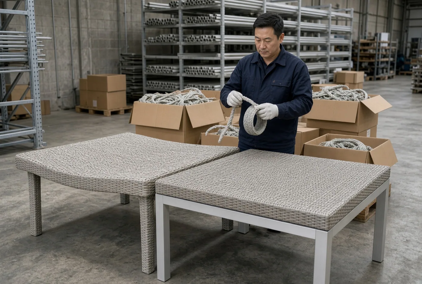 Factory worker inspecting a coil of synthetic wicker strand beside woven coffee tables and stacked aluminum extrusions