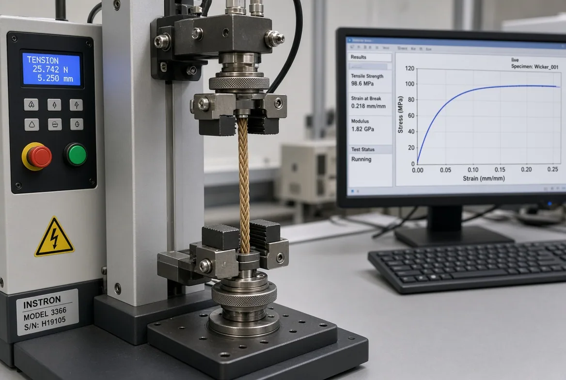 Tensometer pulling a woven strand to failure beside a live stress-strain curve on a lab monitor