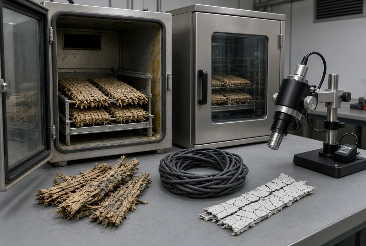 QUV accelerated weathering chamber beside a digital microscope and weathered rattan and synthetic strand samples on a lab bench