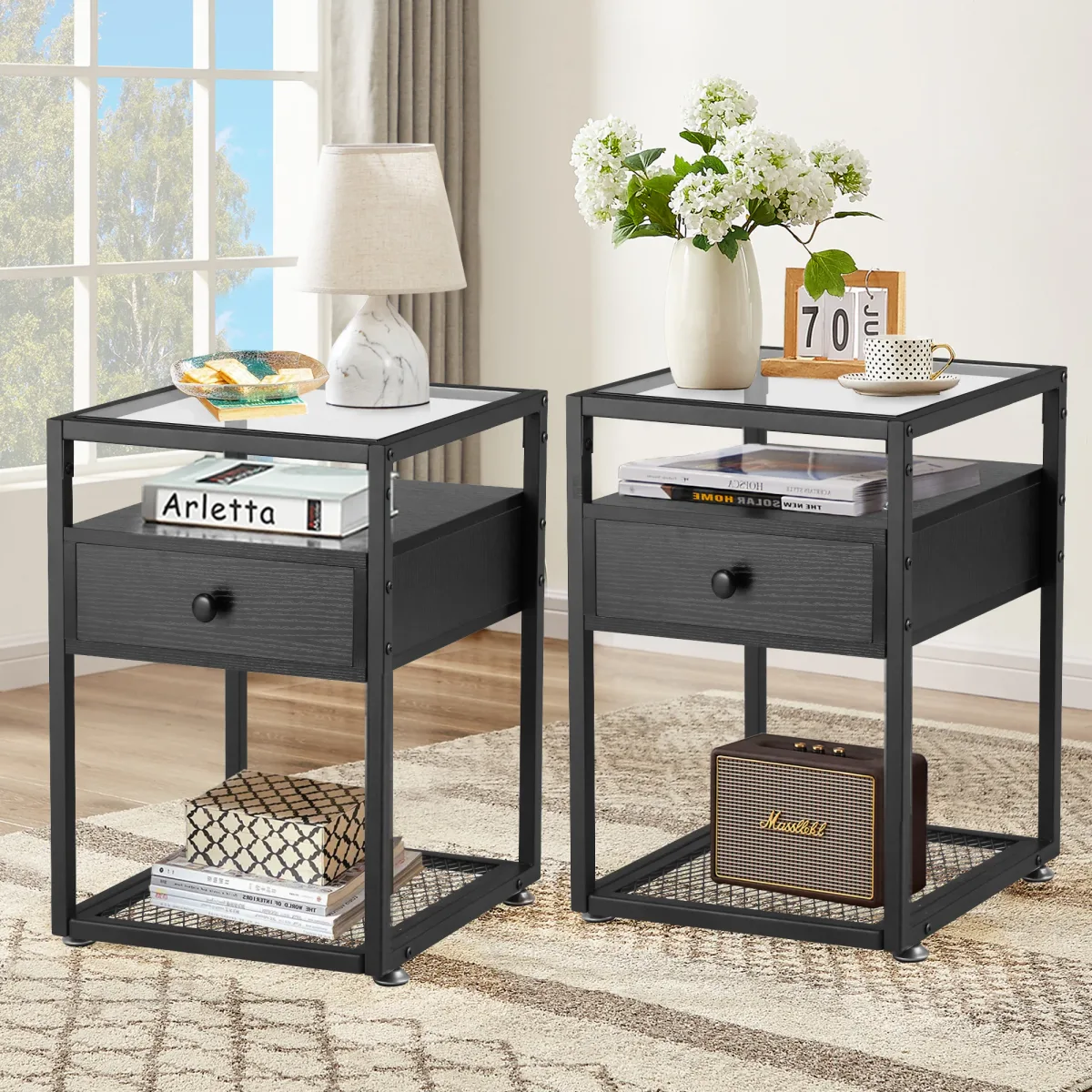 Metal-frame mixed-material nightstand