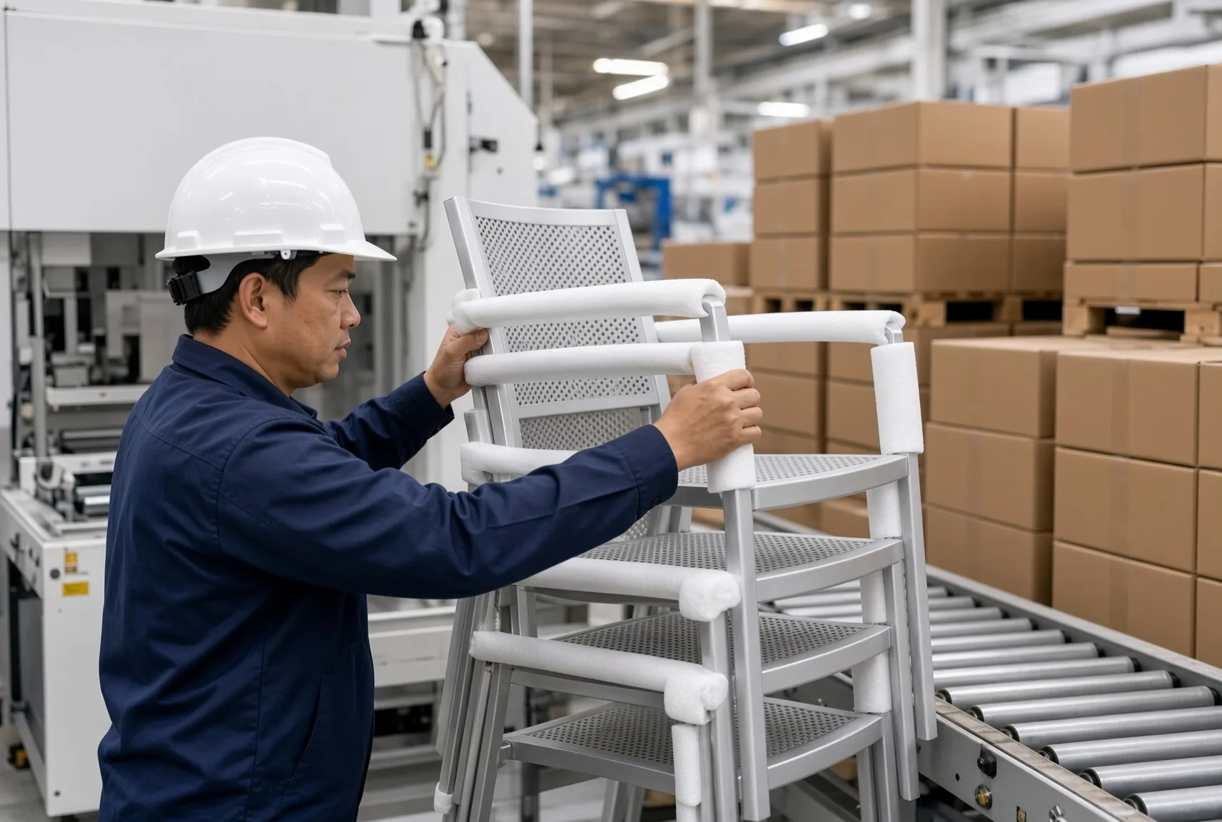 Coating line engineer inspecting oven cure control for patio chair finishes