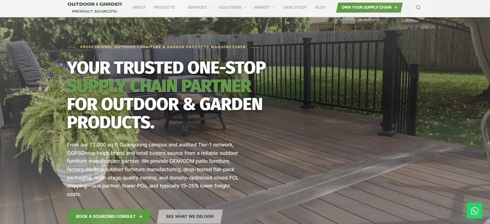 OGPSGroup homepage showing its one-stop outdoor and garden supply chain partner positioning