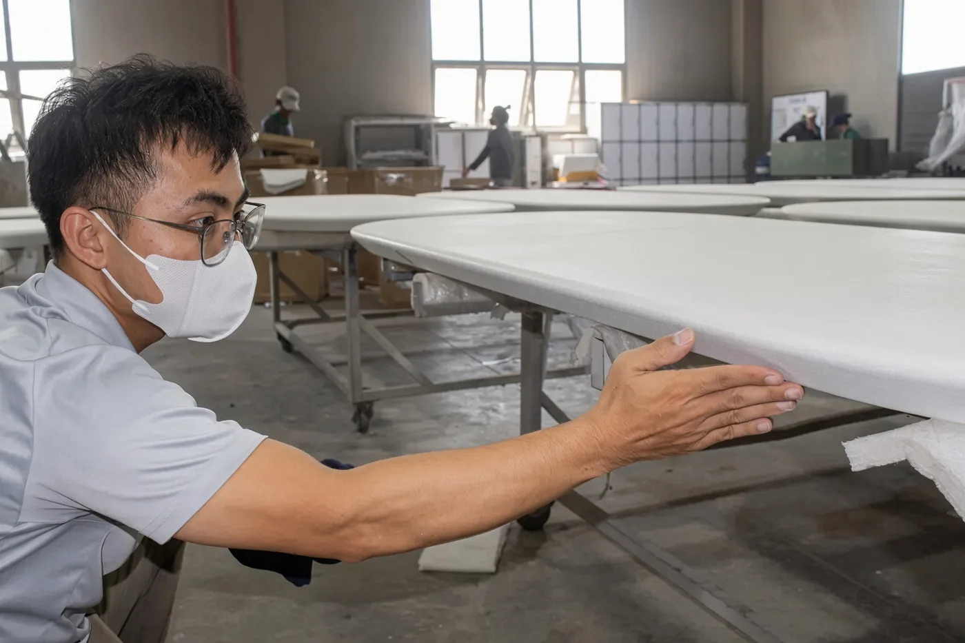 Factory technician inspecting an unpainted furniture panel at a workbench