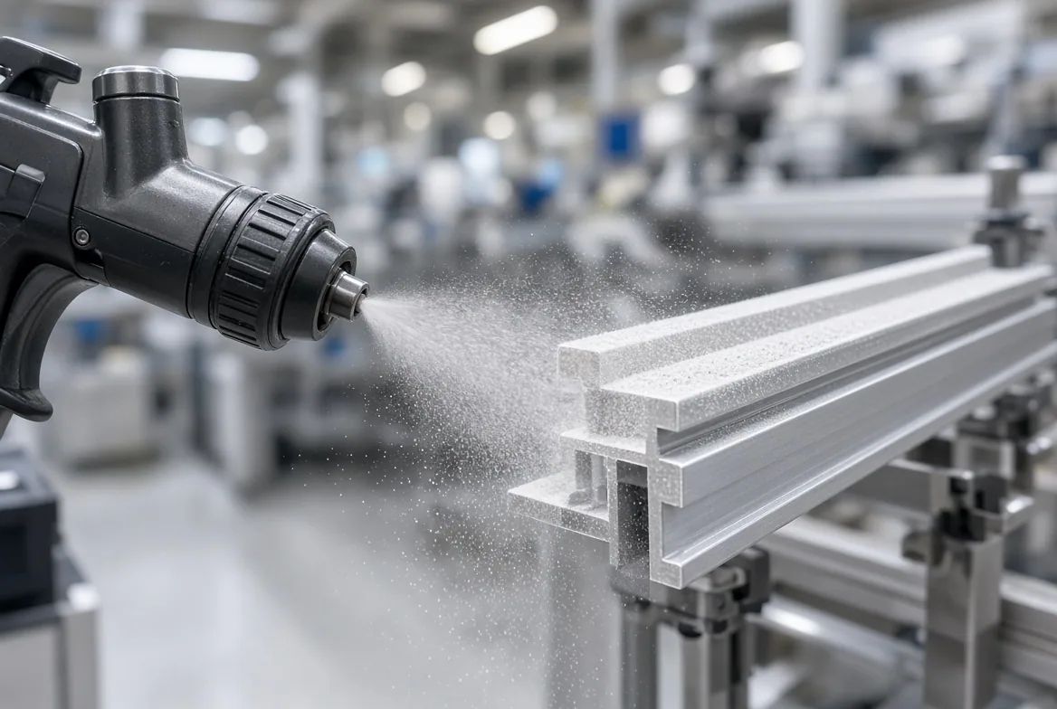Powder-coat spray gun applying finish to an aluminium furniture frame