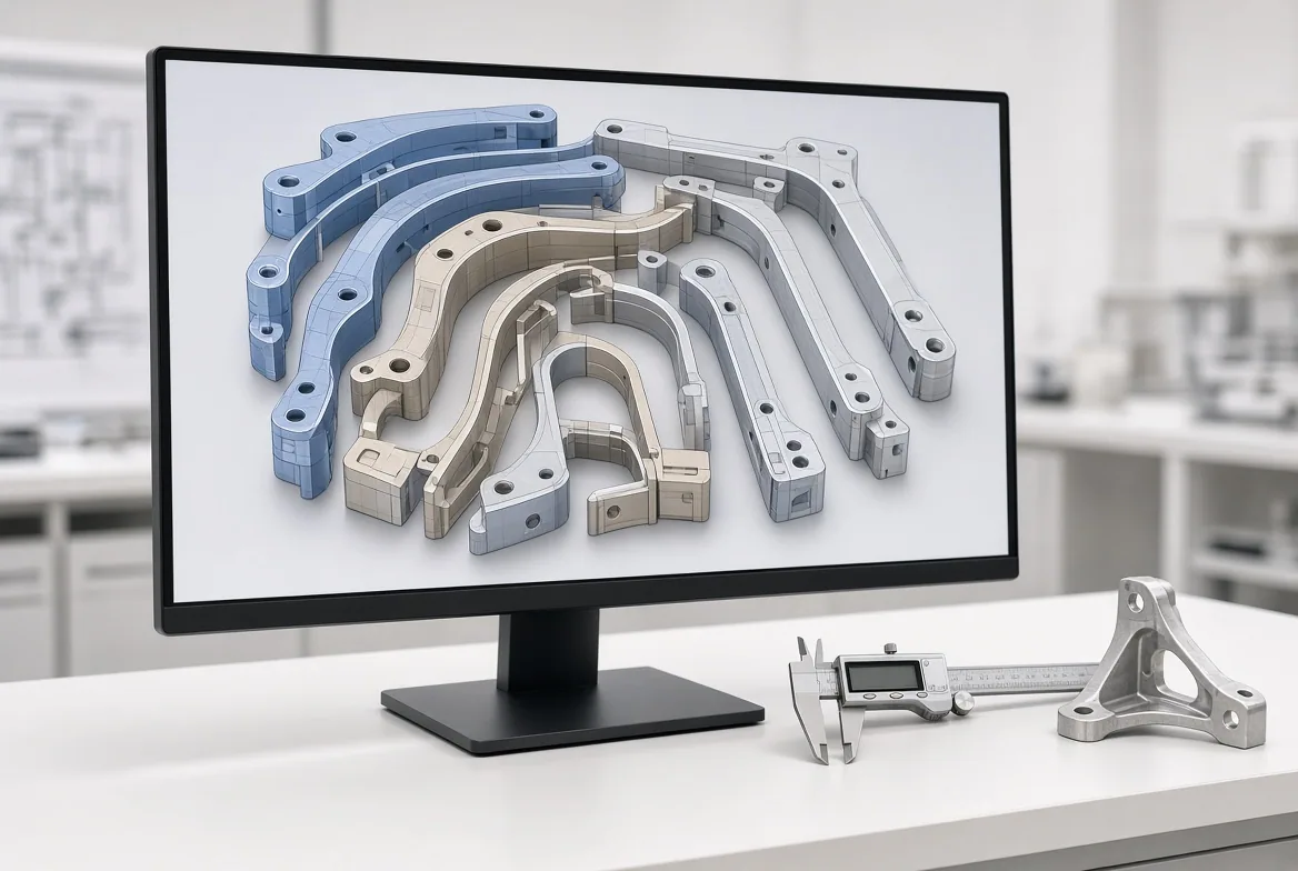 Monitor showing a CAD model of die-cast furniture brackets beside a calliper on a desk