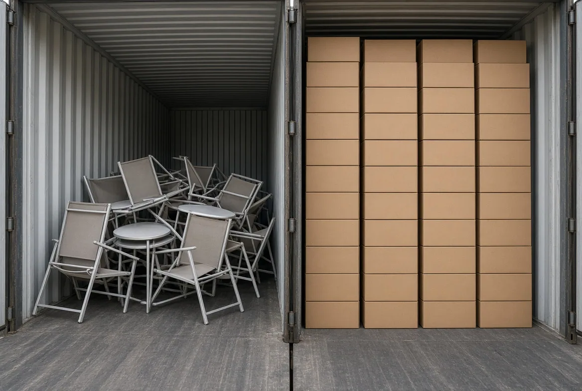 Open shipping container stacked with flat-pack furniture cartons and outdoor chairs