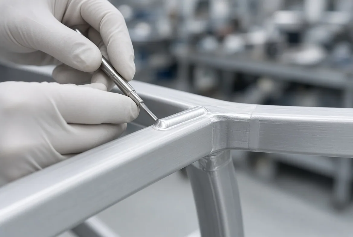 Gloved hands checking the weld and finish on an aluminium chair frame