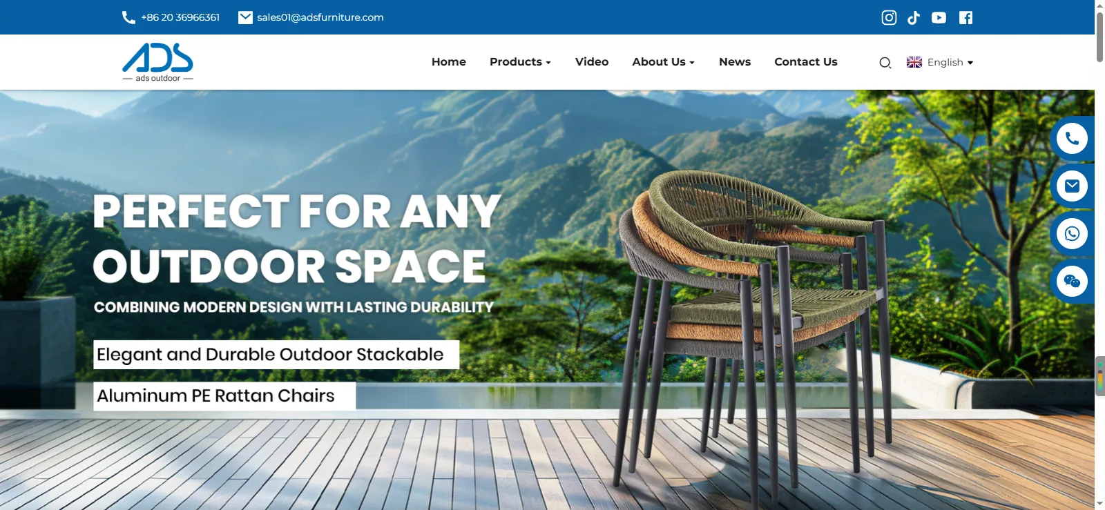 ADS Furniture homepage with stacked aluminum and rope-weave outdoor chairs on a terrace above a mountain valley