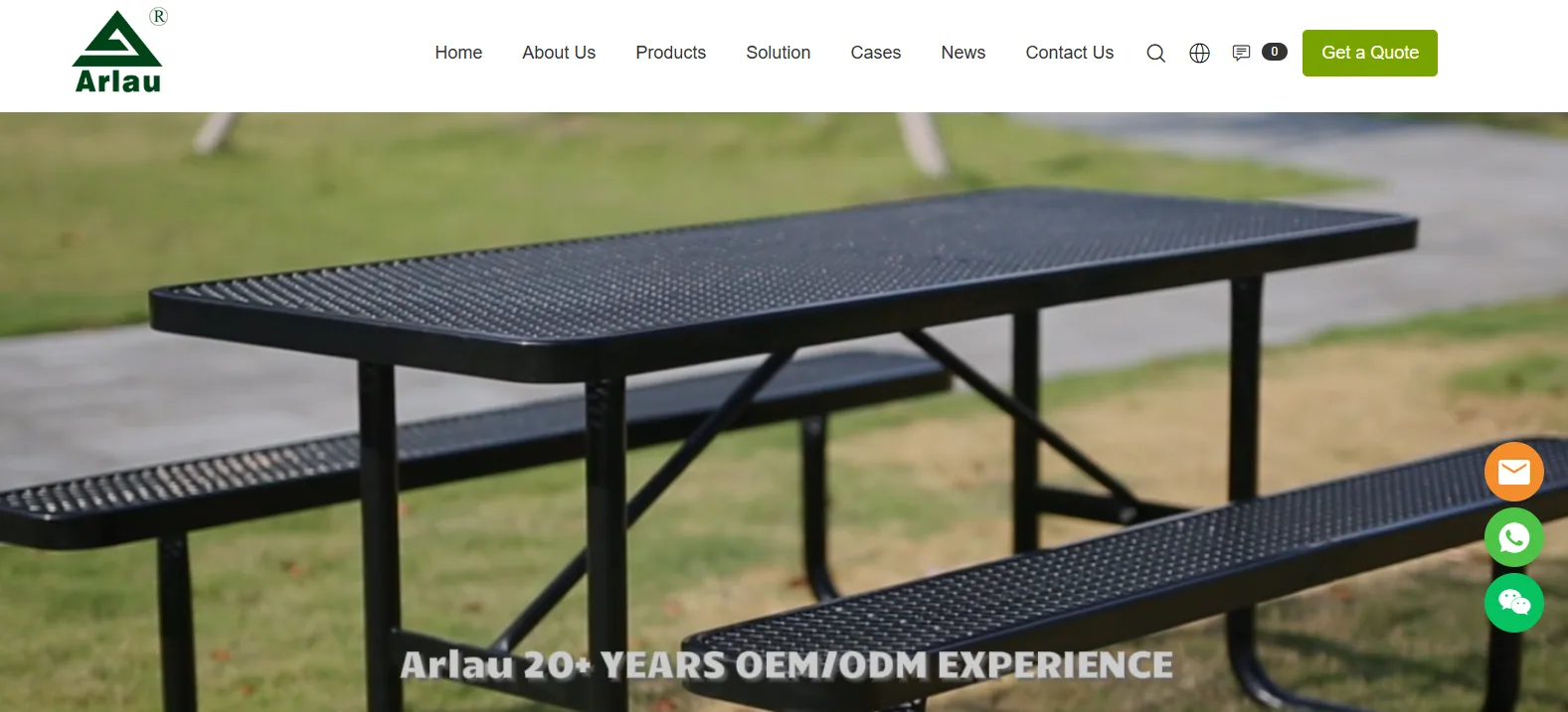 ARLAU homepage showing a perforated steel outdoor bench and table set beneath the brand's 20+ years OEM/ODM banner