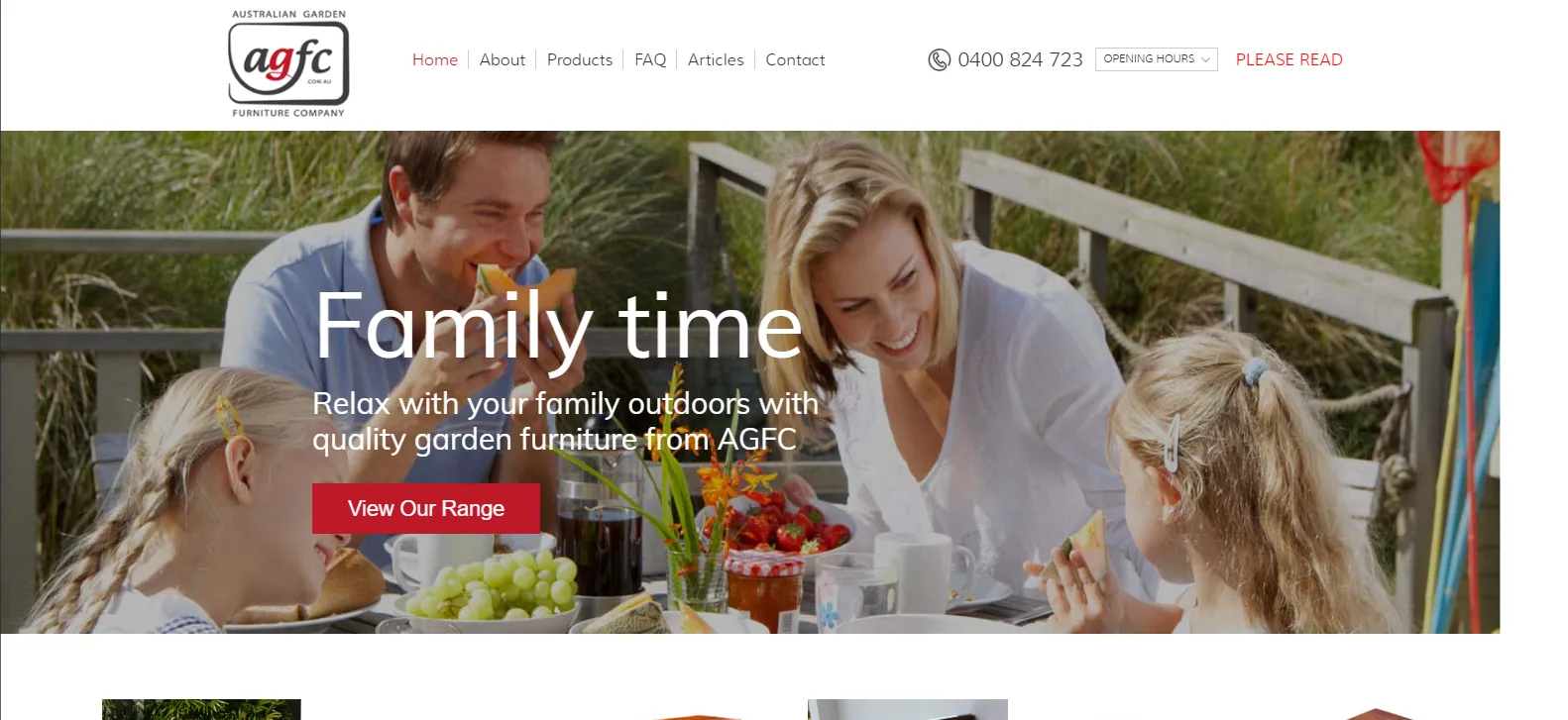 AGFC homepage hero reading Family time, with a family gathered around an outdoor cooking range under the line healthy your family outdoors with our outdoor cooking range, and a View Our Range button