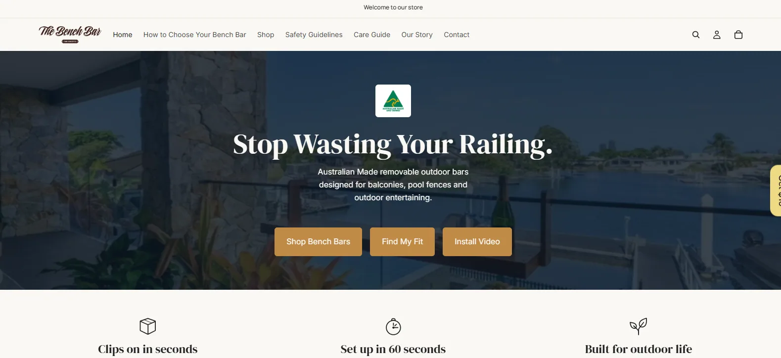 The Bench Bar homepage reading Stop Wasting Your Railing, showing a no-drill removable balcony bar mounted on a glass railing, with tiles for clips on in seconds, set up in 60 seconds and built for outdoor life