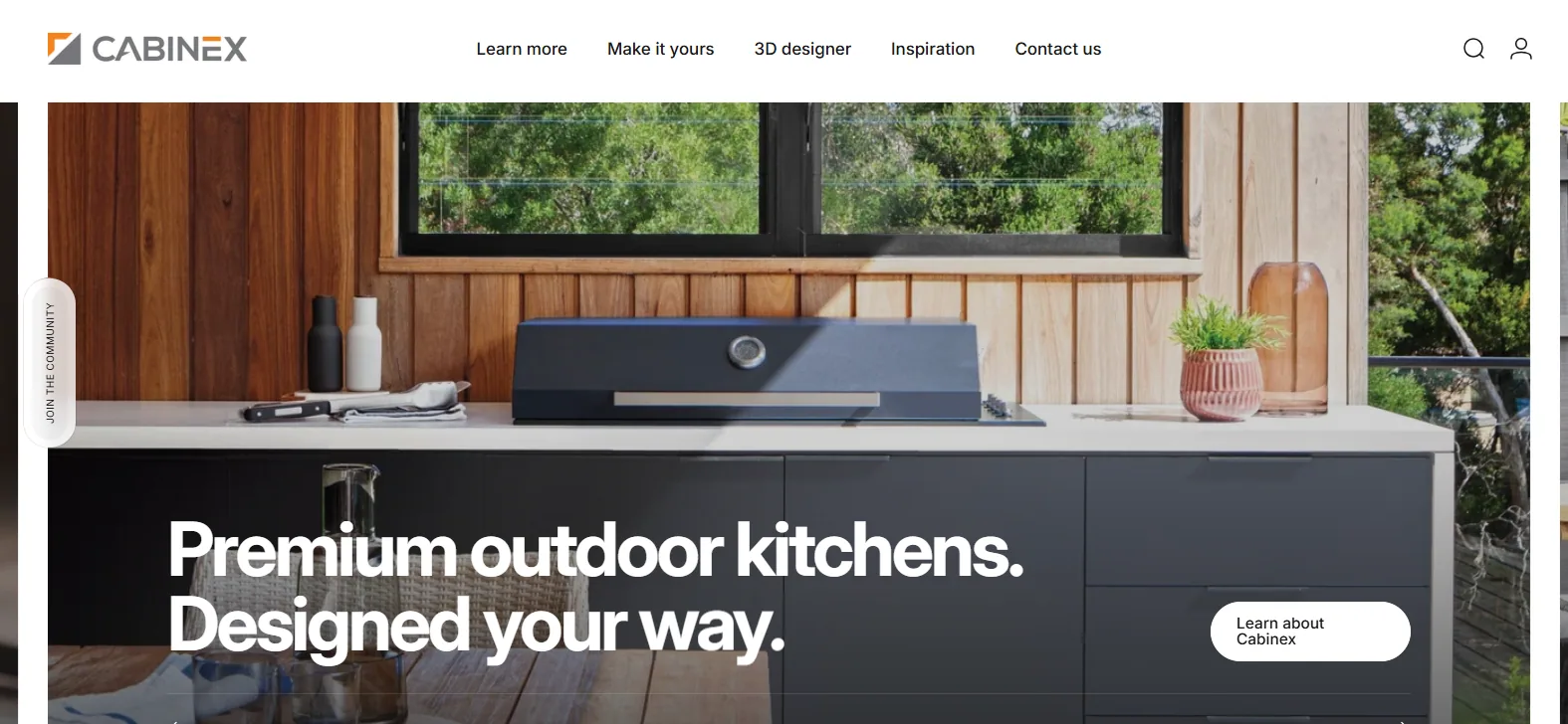 Cabinex homepage hero reading Premium outdoor kitchens. Designed your way, showing a dark modular outdoor kitchen cabinet with a built-in grill on a timber deck