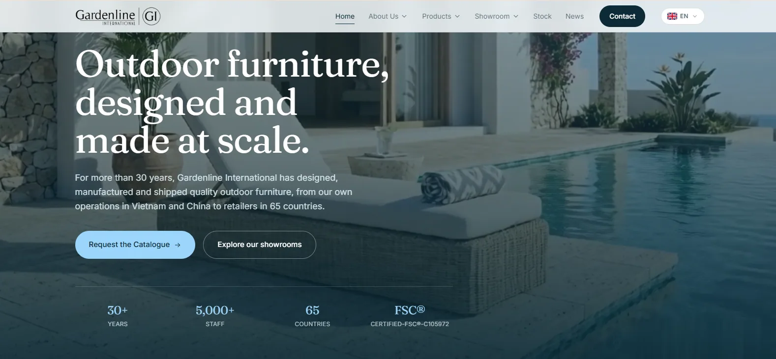 Gardenline International homepage hero reading Outdoor furniture, designed and made at scale, over a paved outdoor living setting with a pool, plus 30y, 5,000+ and FSC stat tiles