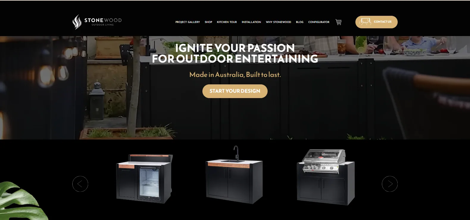 Stonewood homepage hero reading Ignite your passion for outdoor entertaining, Made in Australia, over a lit outdoor kitchen, with tiles for its cabinet, fridge and kitchen modules