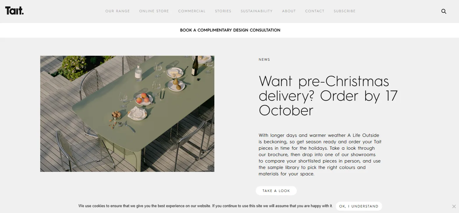 Tait homepage news panel headed Want pre-Christmas delivery? Order by 17 October, beside a balcony table set with charcuterie, wine and stools from its A Life Outside collection