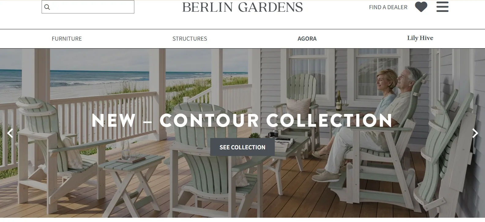 Berlin Gardens homepage hero with pale green poly lumber Adirondack chairs and a glider on a covered seaside porch, promoting its New Contour Collection