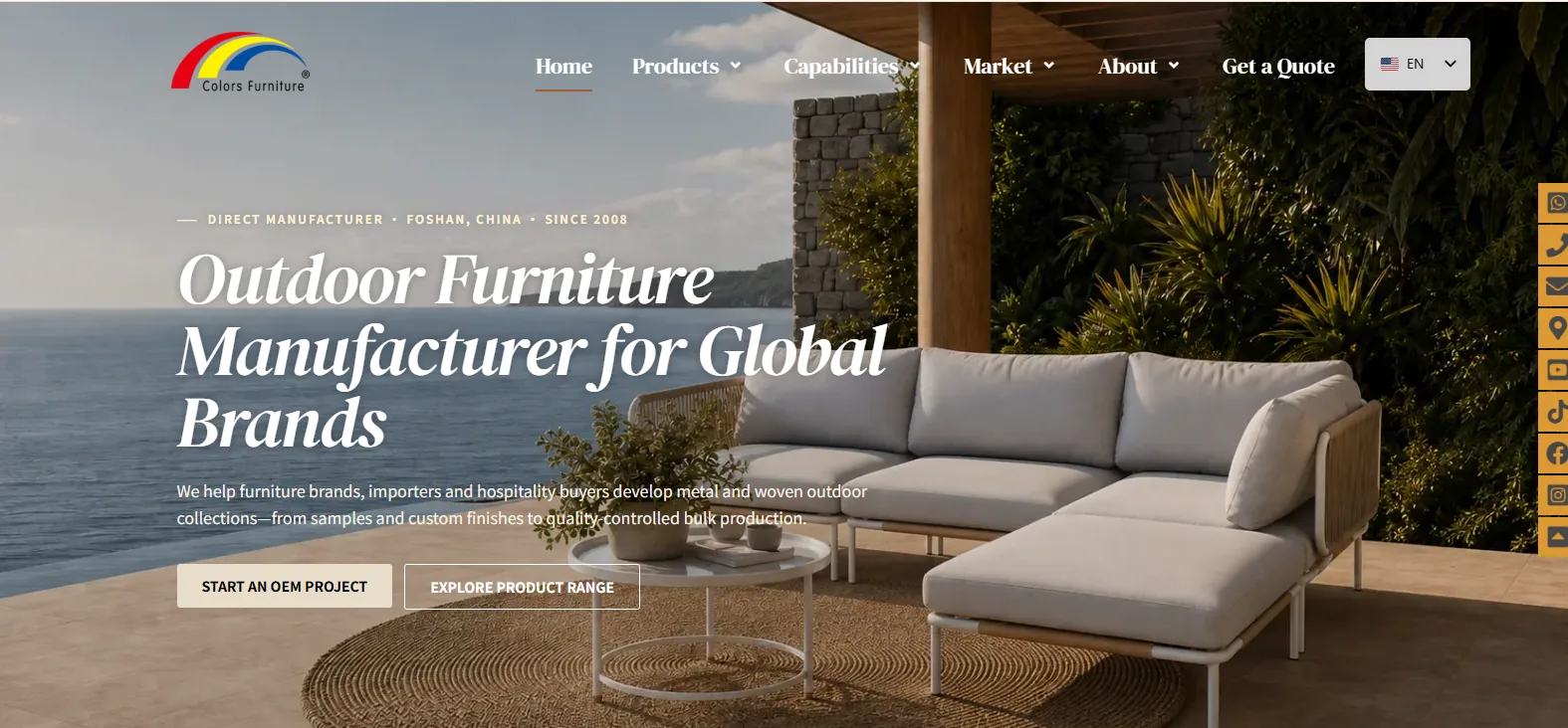 Colors Furniture homepage hero showing a modular grey outdoor sofa set on a seaside terrace under a timber pergola, Foshan direct manufacturer