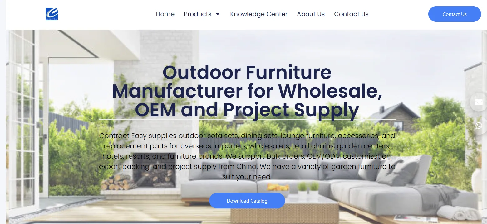 Contract Easy homepage hero with a grey outdoor lounge sofa set and wicker coffee table on a covered patio, wholesale OEM and project supply banner