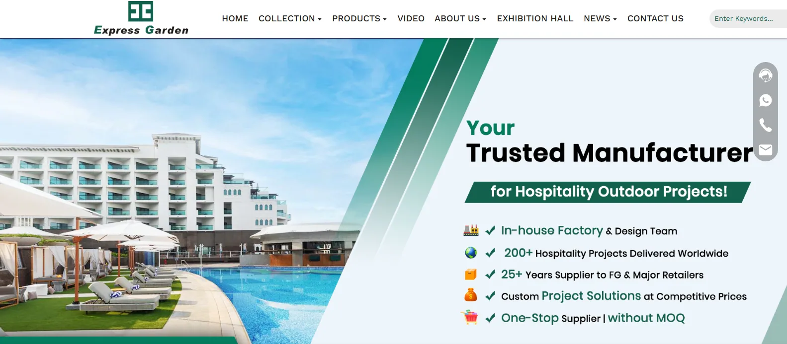 Express Garden homepage hero with a hotel pool terrace lined with sun loungers and parasols, hospitality outdoor project manufacturer banner