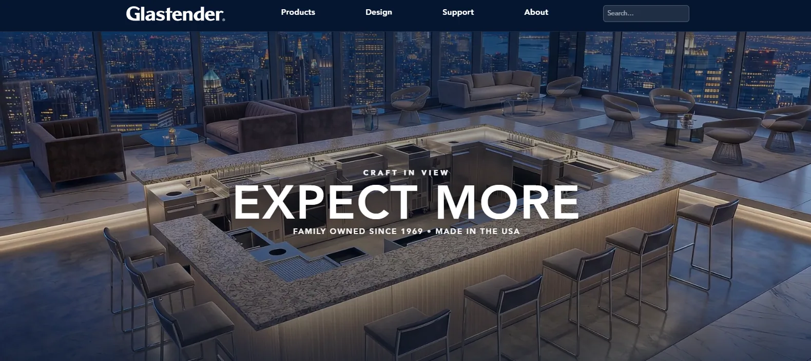 Glastender homepage hero showing a rooftop underbar with granite counters, glass racks and tall stools against a city skyline, under the line Expect More, Family Owned Since 1969 and Made in the USA