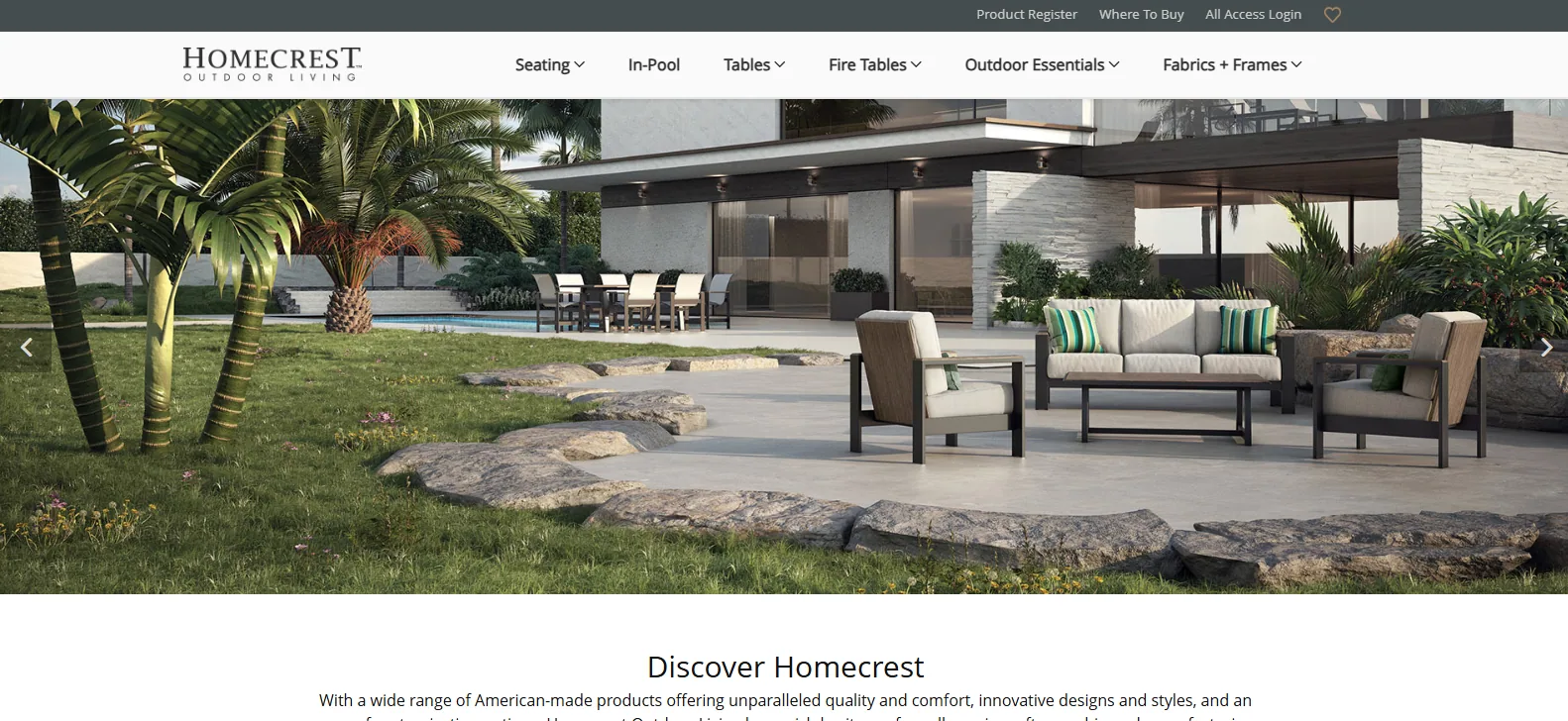 Homecrest Outdoor Living homepage hero with beige cushioned lounge chairs and sofas on a concrete terrace beside a pool and palm trees, under its Seating, In-Pool, Tables and Fire Tables navigation