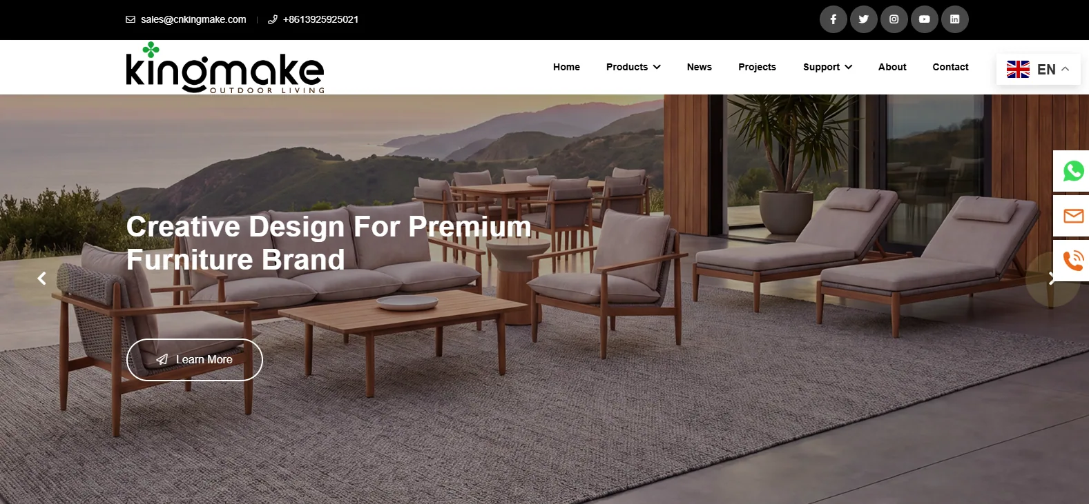 Kingmake Outdoor Living homepage showing timber lounge chairs, sofas and sun loungers arranged as one coordinated collection