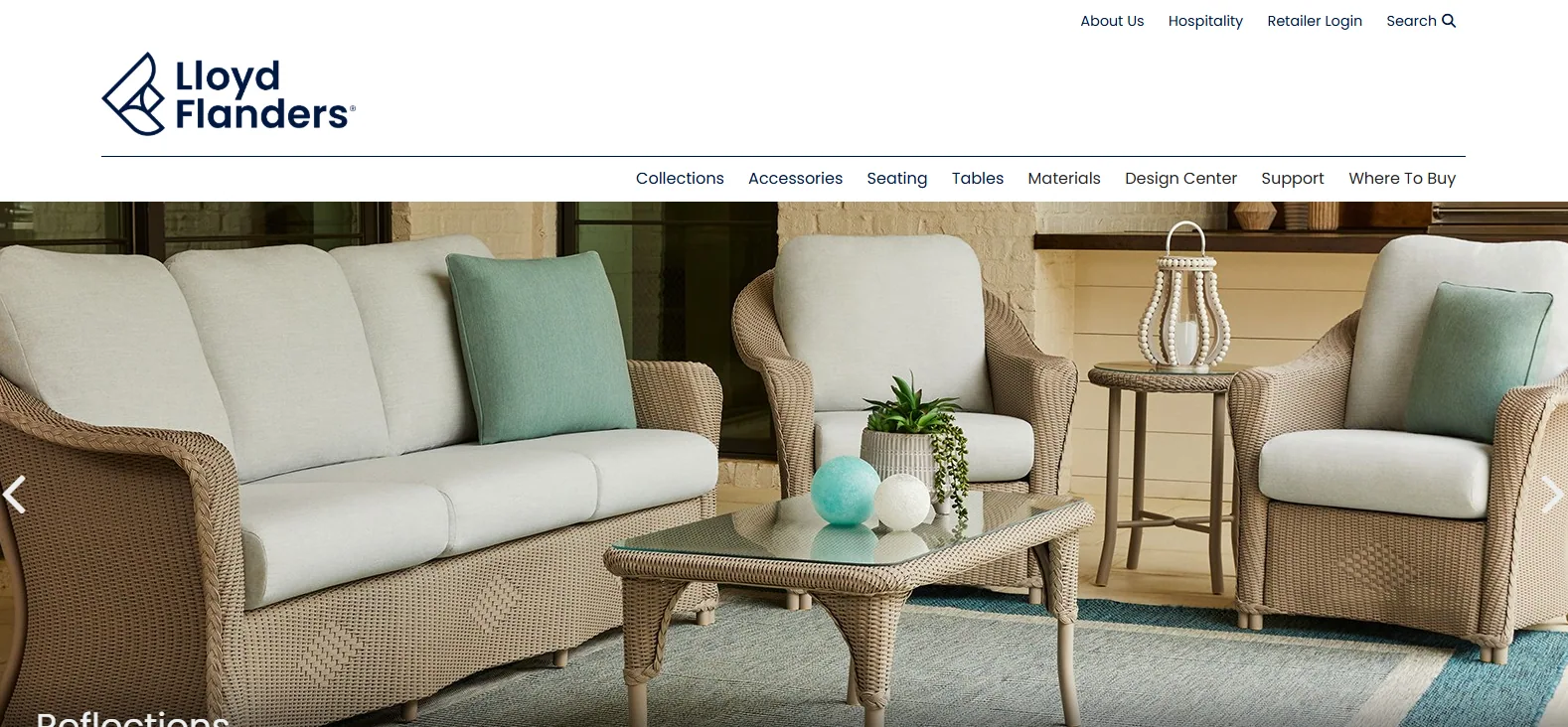Lloyd Flanders homepage hero with a beige woven wicker sectional sofa and armchairs around a glass-top wicker coffee table, the same collection spanning lounge and bar heights