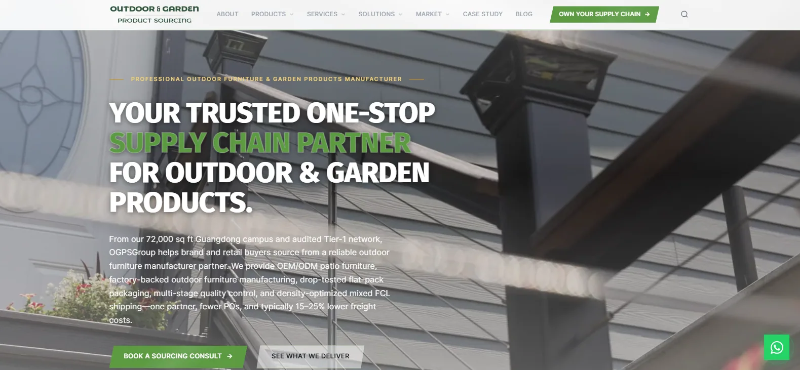 OGPSGroup homepage hero banner presenting the company as a one-stop outdoor and garden supply chain partner