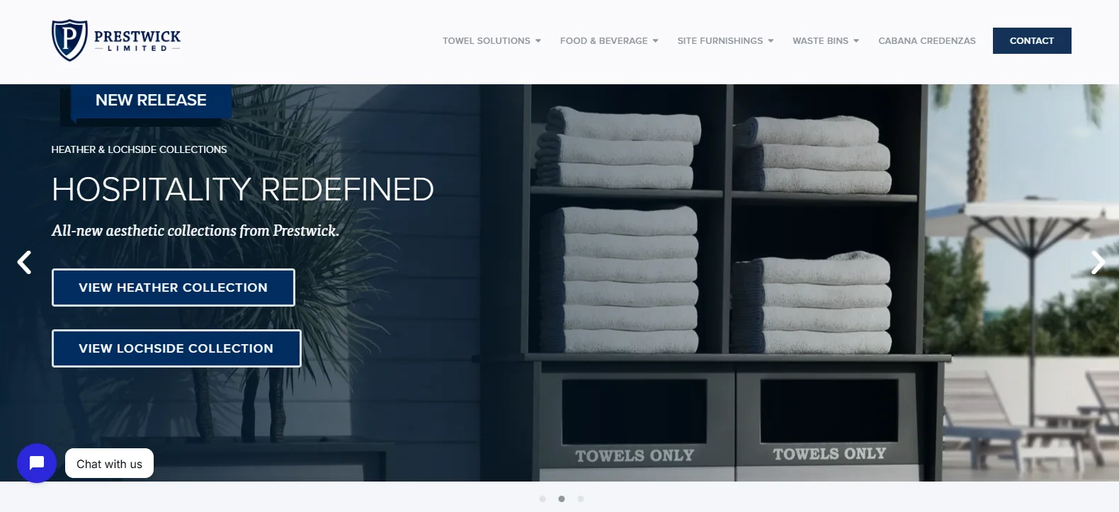 Prestwick Limited homepage hero with a hospitality towel storage cart holding folded white towels on a pool deck, headed Hospitality Redefined, with its Towel Solutions and Food and Beverage navigation