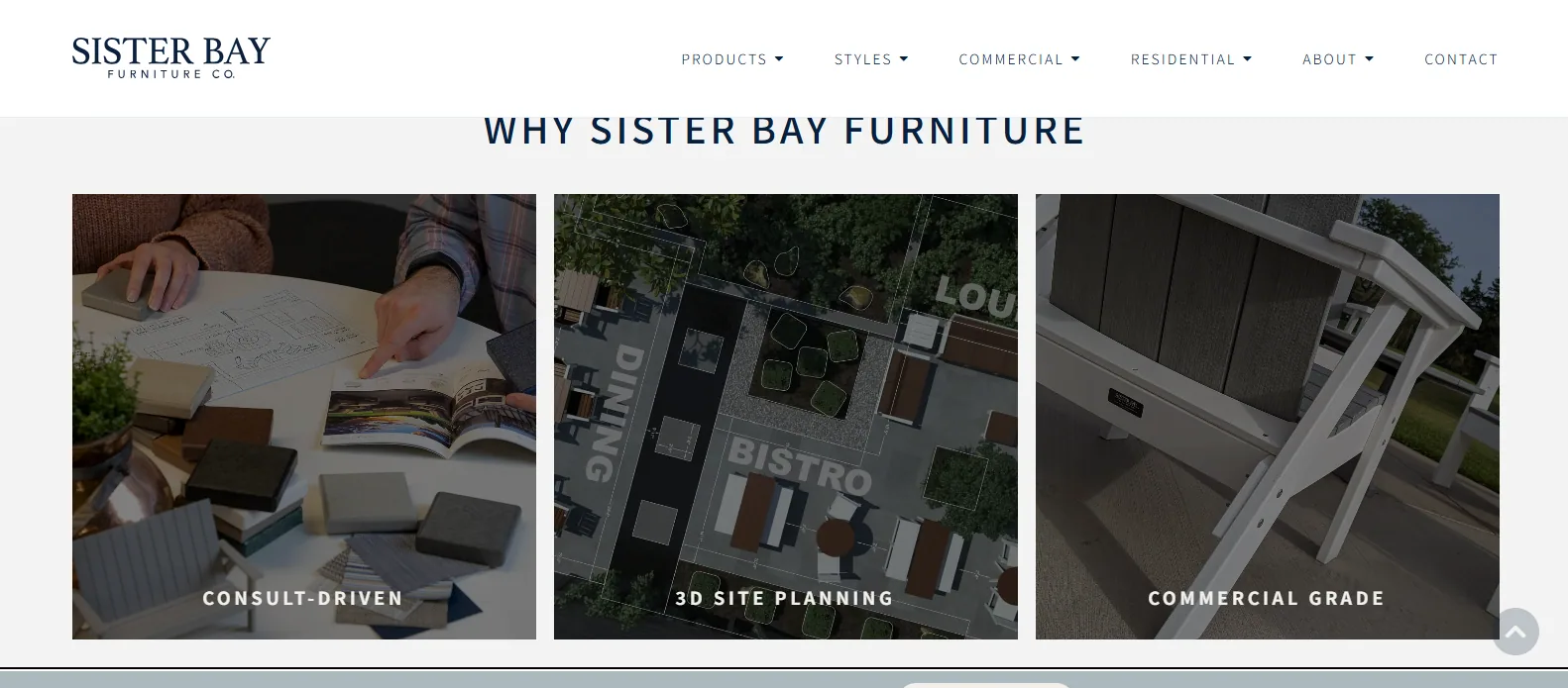Sister Bay Furniture homepage panel headed Why Sister Bay Furniture, with three tiles for Consult-Driven design, 3D Site Planning and Commercial Grade poly furniture