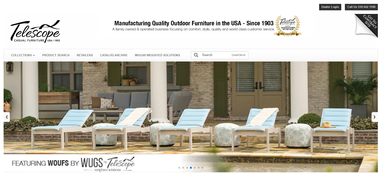 Telescope Casual homepage hero with light blue sling chaise lounges and side tables beside a pool, under the banner Manufacturing Quality Outdoor Furniture in the USA Since 1903