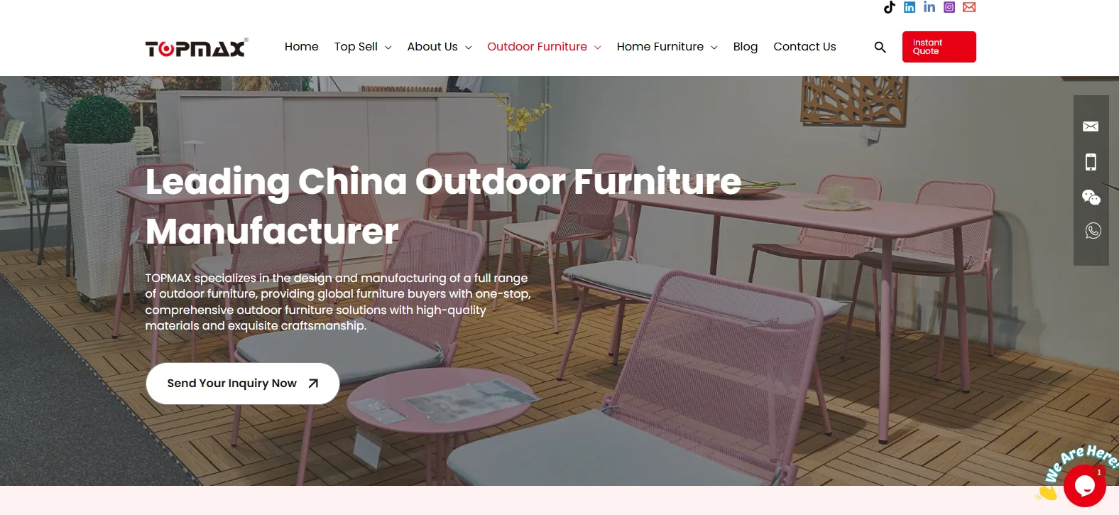 TOPMAX Furniture homepage showing pink powder-coated metal mesh chairs and a table from its outdoor furniture range