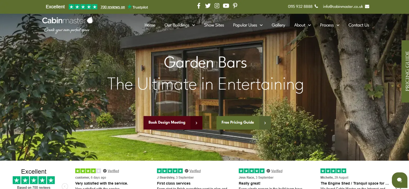 Cabin Master homepage hero with a timber garden bar building glazed on two sides on a lawn, over the headline Garden Bars — The Ultimate in Entertaining