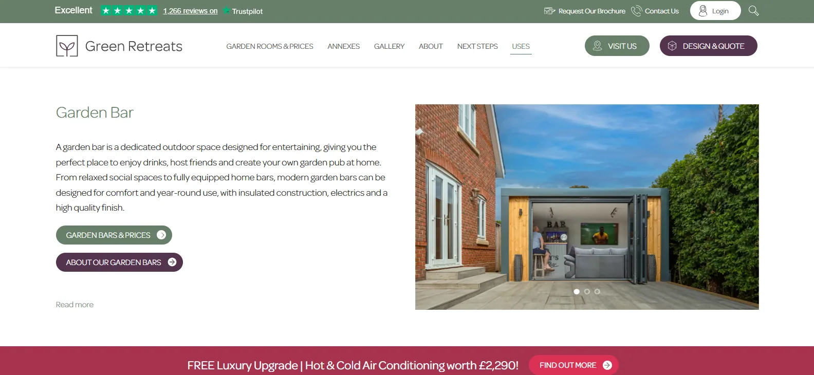 Green Retreats Garden Bar page showing a grey-clad insulated garden room with timber-framed glazing on a terrace beside a brick house, its doors open onto a fitted interior bar