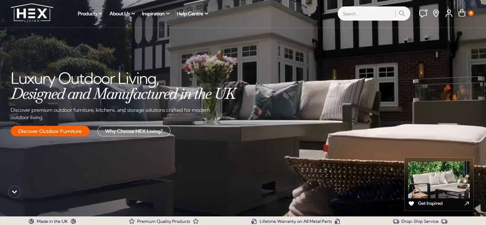 HEX Living homepage hero with grey modular outdoor seating and a low table on a terrace, under the headline Luxury Outdoor Living, Designed and Manufactured in the UK