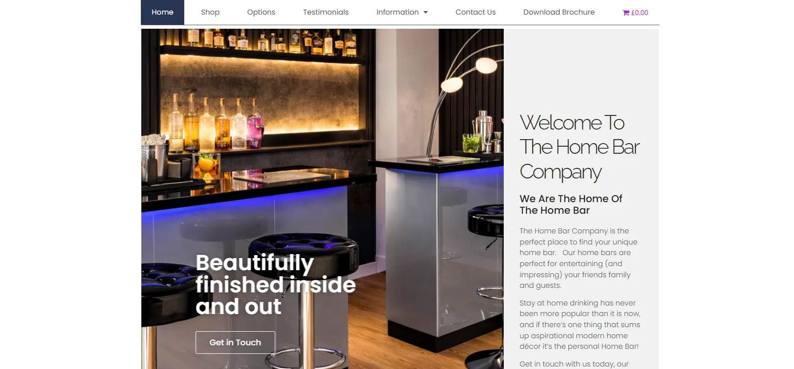 The Home Bar Company homepage with a backlit home bar, mirrored shelving, blue LED under-counter lighting and black bar stools, beside the heading Beautifully finished inside and out