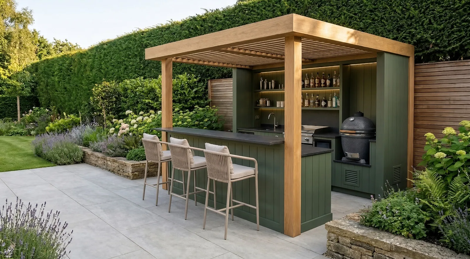 Timber pergola bar with green painted joinery, a stone counter, three tall stools, stocked shelves and a kamado grill, set against a clipped hedge and gravel border in a landscaped UK garden