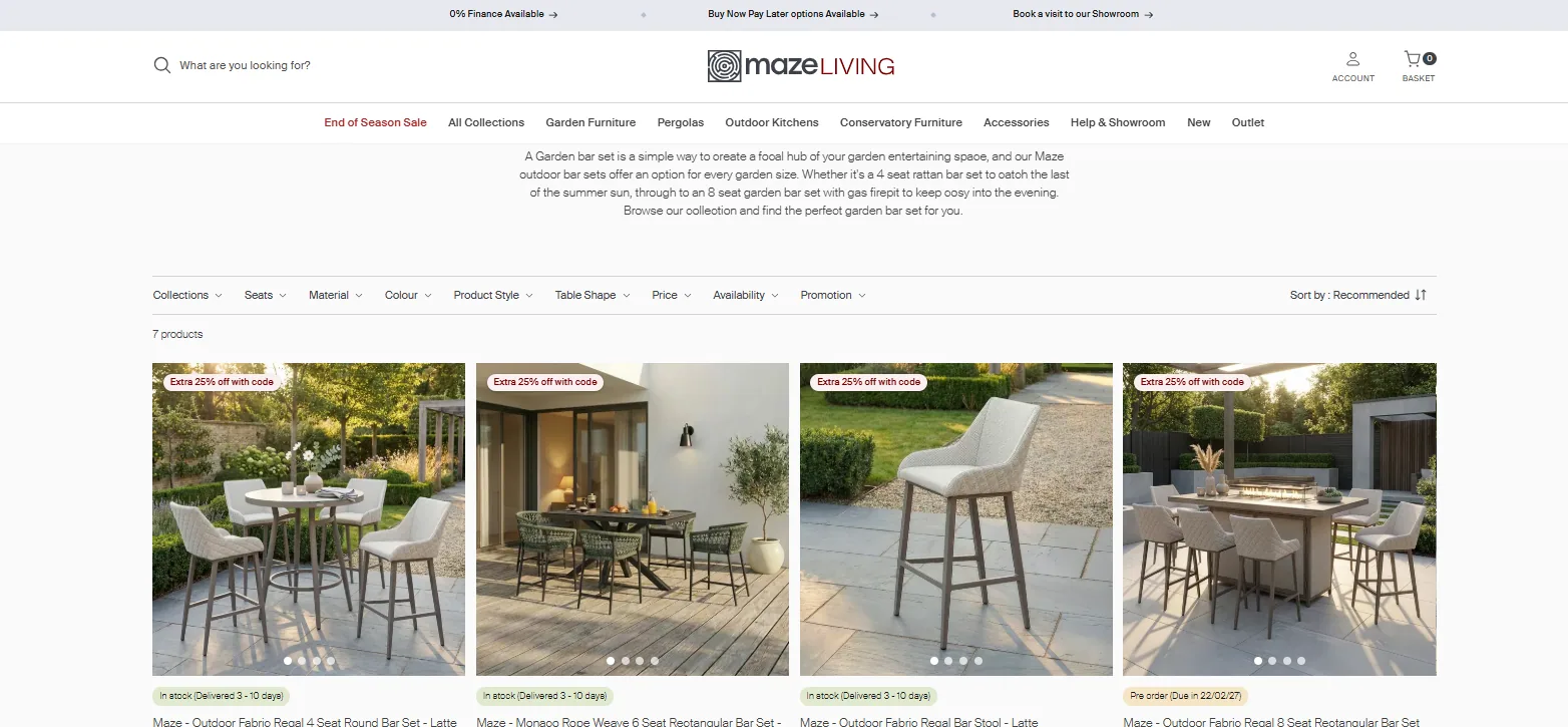 Maze Living garden bar collection page showing four ready-to-ship bar sets, including a grey five-piece bar set with tall stools and a cream bar set with a striped parasol