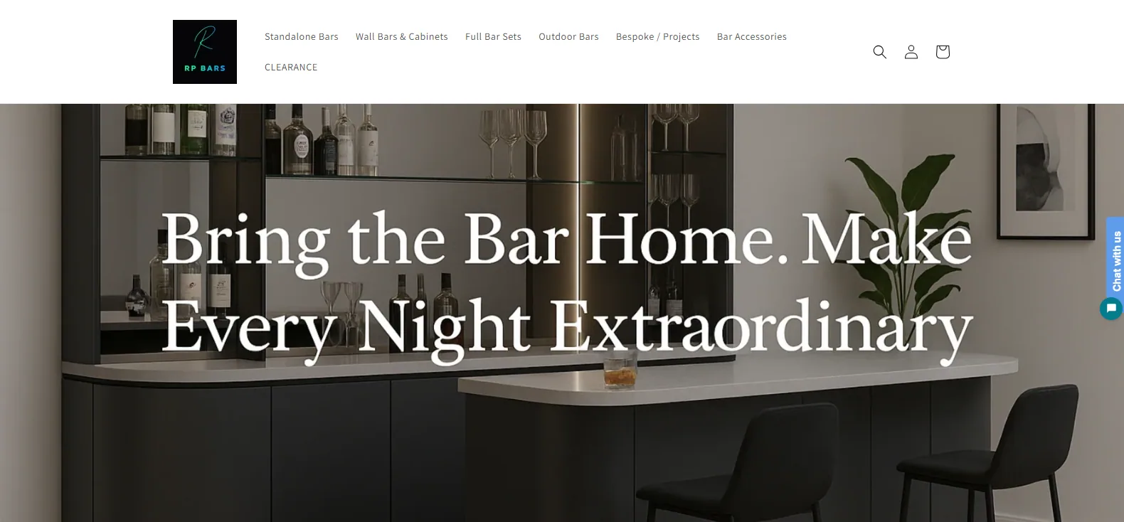 RP Bars homepage hero with a dark fitted home bar, white quartz worktop, glass racks and two black stools, under the headline Bring the Bar Home