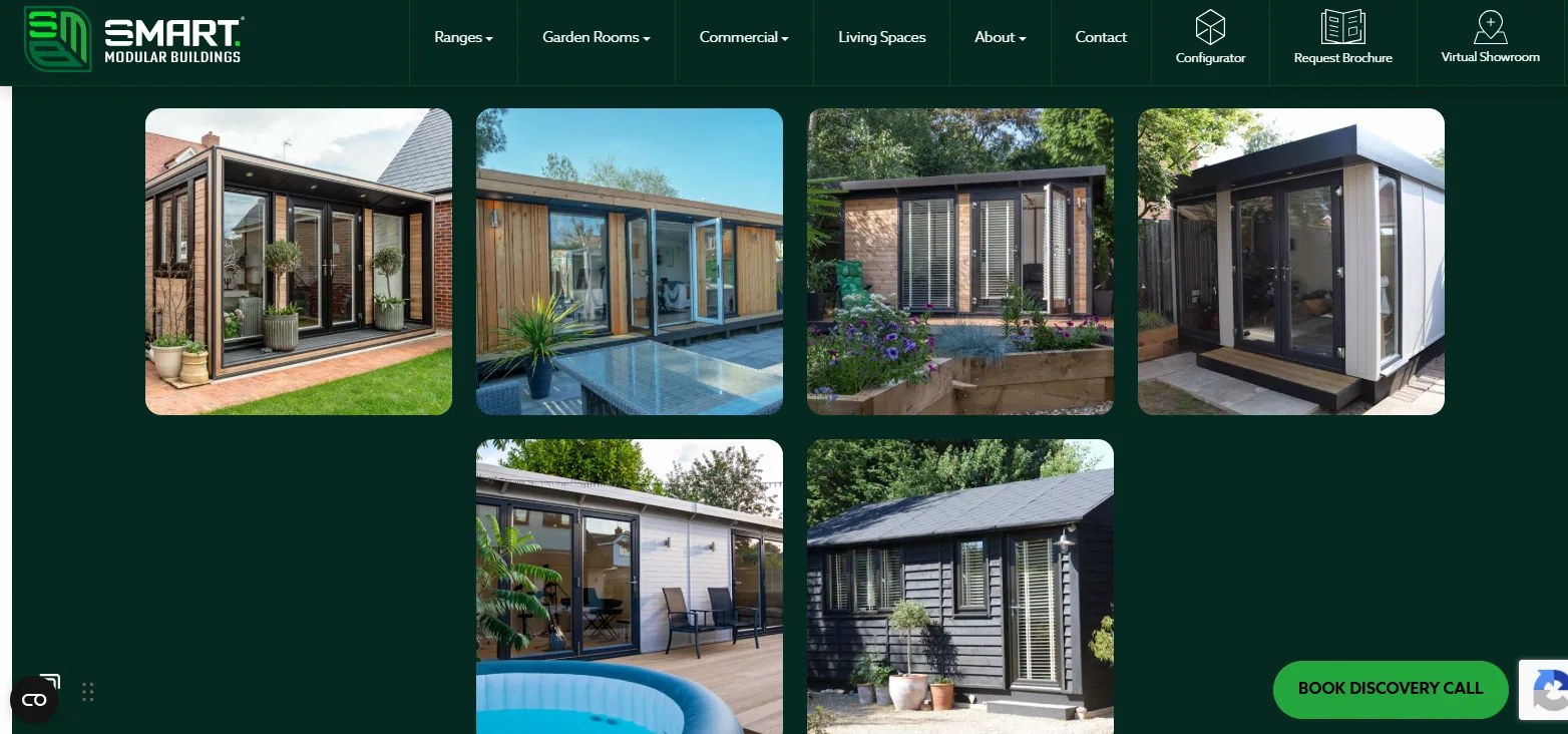 SMART Modular Buildings homepage with a grid of seven timber and grey-clad garden rooms, from glazed poolside studios to compact cabins, under its Ranges and Garden Rooms navigation